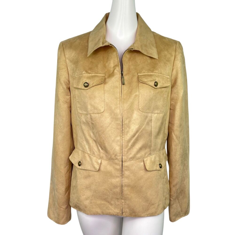 Evan Picone Faux Suede Jacket Zip Up Tan Collared Blazer Jacket Women's Sz 10